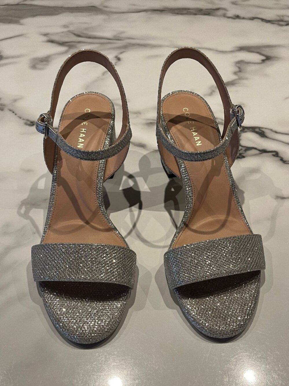 Cole Haan Josie Silver Glitter Block Heel Sandals - Size 7 1/2 - Picture 3 of 13